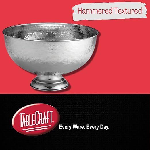 TableCraft RPB1513 Hammered Pedestal Punch Bowl, Large Silver Stainless Steel, 54 Cup Capacity, 3.4 Gallon, Ideal for Serving Hot and Cold Drinks, Champagne, Cocktails, Sangria, Juice, Elegant Design