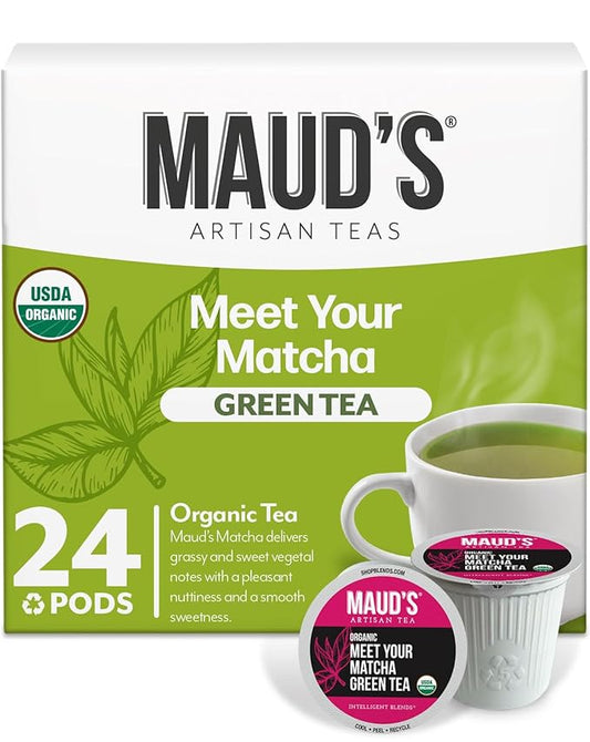 Maud's Organic Matcha Green Tea Pods, 24 ct, Recyclable Single Serve Tea Pods ??100% Gourmet Blended Tea Leaves, Compatible with Keurig K Cups Maker