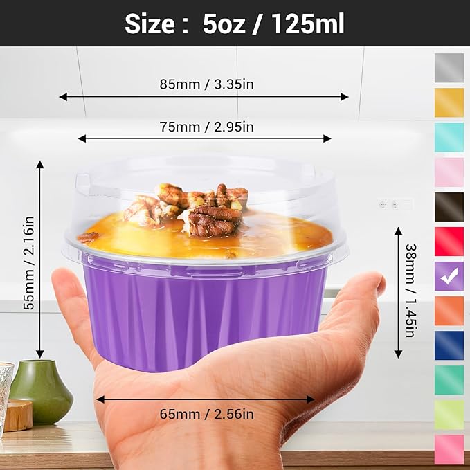 EUSOAR Baking Cups Aluminum Foil, 5oz 50pcs Reusable Cupcake Cups with Lids, 3.34"x2.59"x2.35" 125ml Pie Ramekins, Desserts Flans, Creme Brulee Cups, Pudding Jello Cups, Catering Party Favor-Lavender