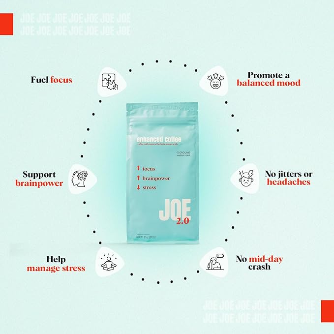 Joe 2.0 - Mushroom Coffee with Lion?™s Mane & Ashwagandha ??Nootropic Ground Coffee for Focus, Calm Energy & Clarity ??Joe 2.0 Medium Roast ??20 Servings (11 oz)