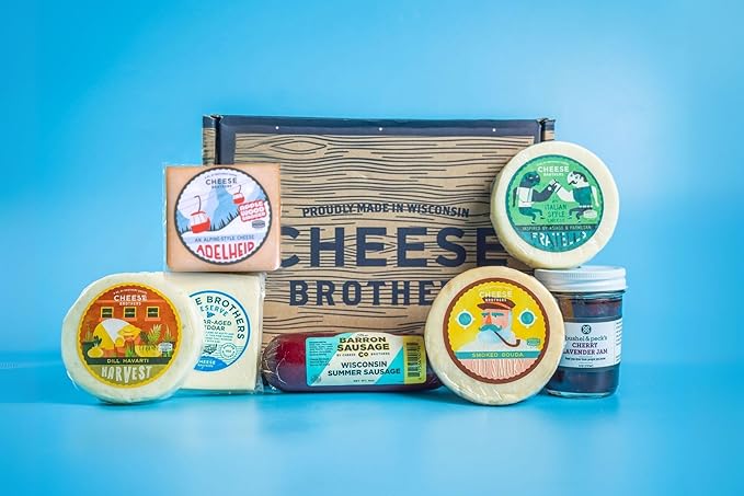 Cheese Bros. Charcuterie Gift Box | Fresh from Wisconsin | Includes Dill Havarti, Fratello, Smoked Gouda, Alpine Adelheid, 8 Year Aged Cheddar, Summer Sausage and Jam | Great Food Gifting Idea