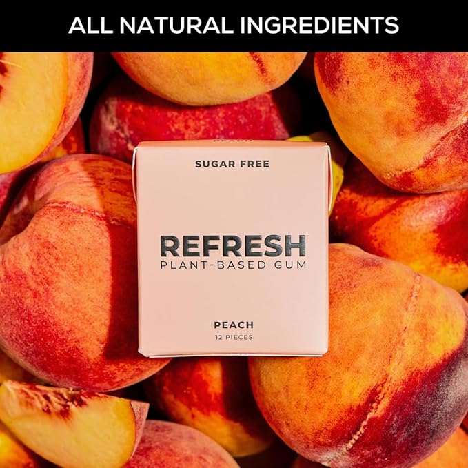 Refresh Gum, Xylitol, Natural, Sugar Free, Long Lasting, Plastic Free, Natural Flavors & Organic Ingredients, Plant-Based, Low Calorie, Non GMO, Gluten Free, Vegan, Peach Flavor, 12 Pieces, 12 Pack