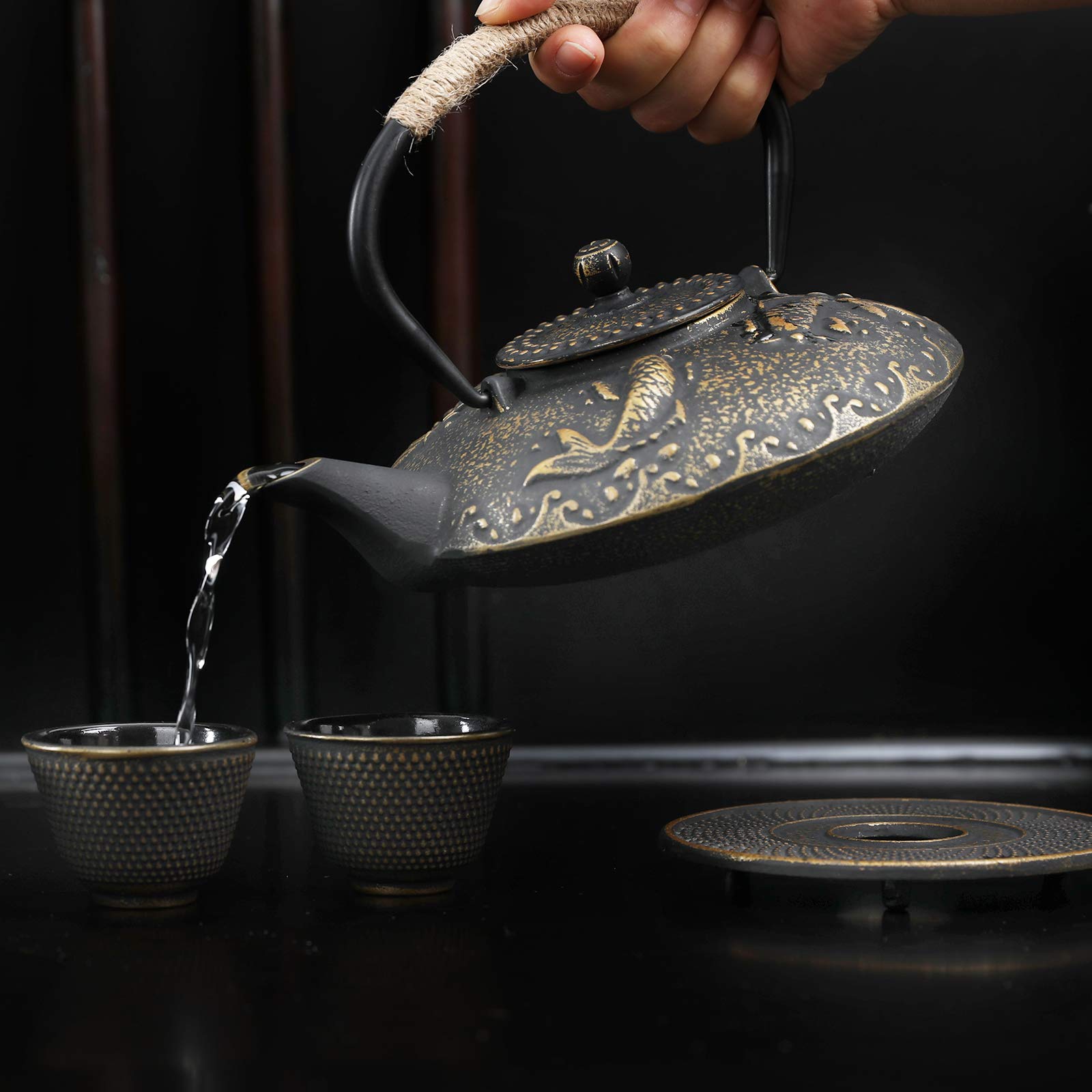 Ufine Koi Fish Cast Iron Teapot Set Stove Top 26 oz Tea Kettle with 4 Cups