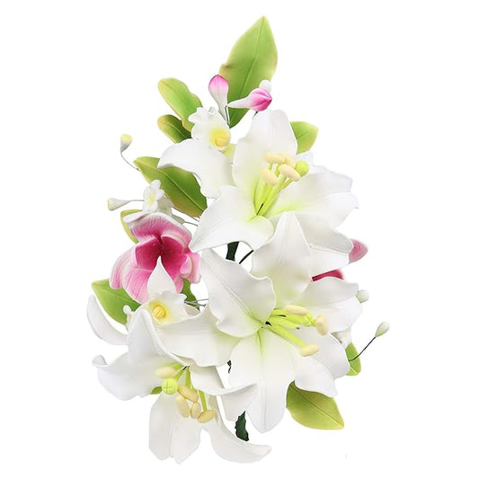 O'Creme Gumpaste Flower Spray, White Lily - Edible Flowers for Cake Decorating - Sugar Paste Flower Decorations for Cakes, Candy, Cupcake Toppers - Birthday Party, Wedding, Valentines Day, Baby Shower