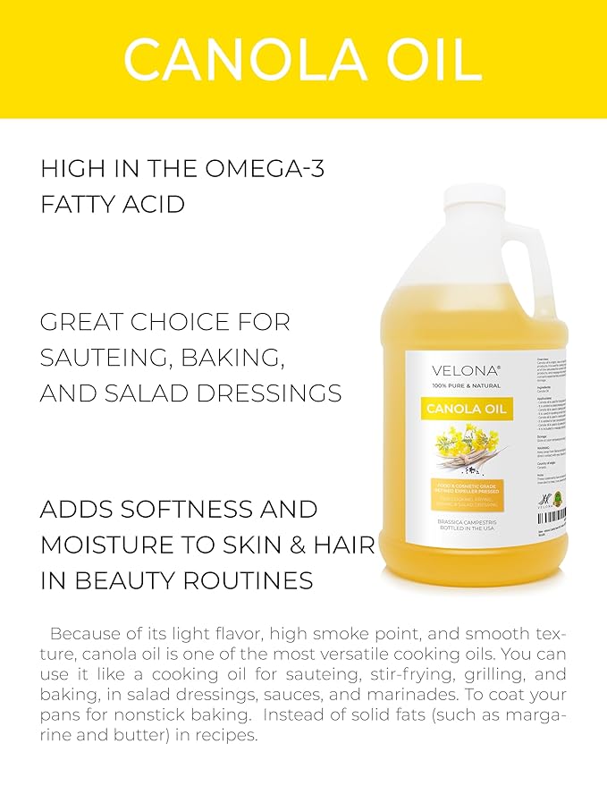 velona Canola Seed Oil 1 Gallon / 128 Fl Oz | 100% Pure and Natural Carrier Oil | Refined, Cold pressed | Cooking, Dressing, Skin, Face, Body, Hair Care | Use Today - Enjoy Results