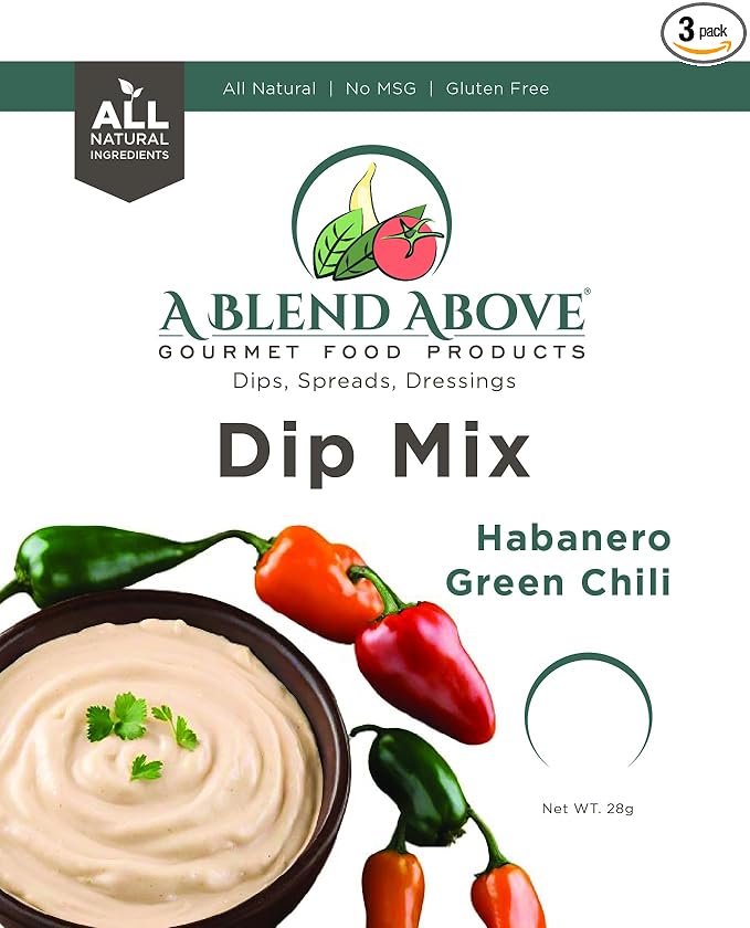 A Blend Above Habanero Green Chili Dip Mix Mixed Seasonings Packet, 1 oz (3 Pack),Spicy Dip, Gluten-Free, No MSG, All Natural, No Preservatives, Vegetable Dip, Keto Friendly, Low Carb, Easy to Make