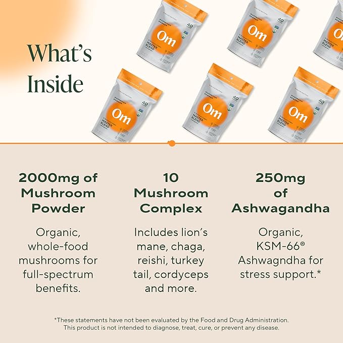 Om Master Blend Mushroom Powder ??Organic Mushroom Supplement with 10 Mushrooms and Ashwagandha - Support Immunity, Gut Health & Stress Relief, 3.17 oz (40 Servings)