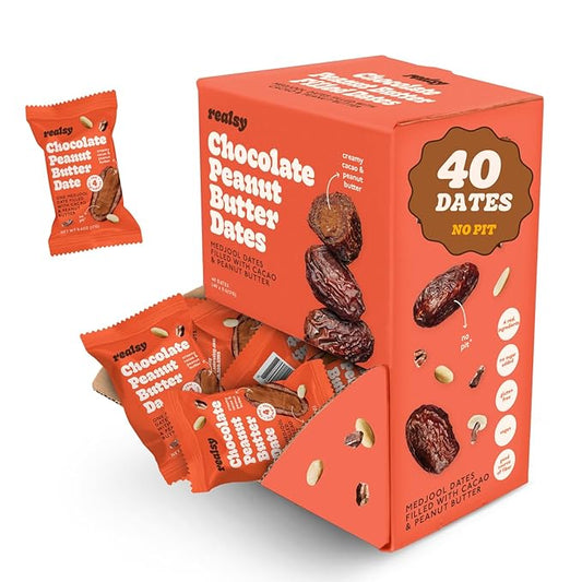 Realsy Filled Medjool Dates, Organic Dates with No Sugar Added, Gluten-Free, Vegan, All Natural Healthy Snack, Single Wrapped (40 ct) (Chocolate Peanut Butter)