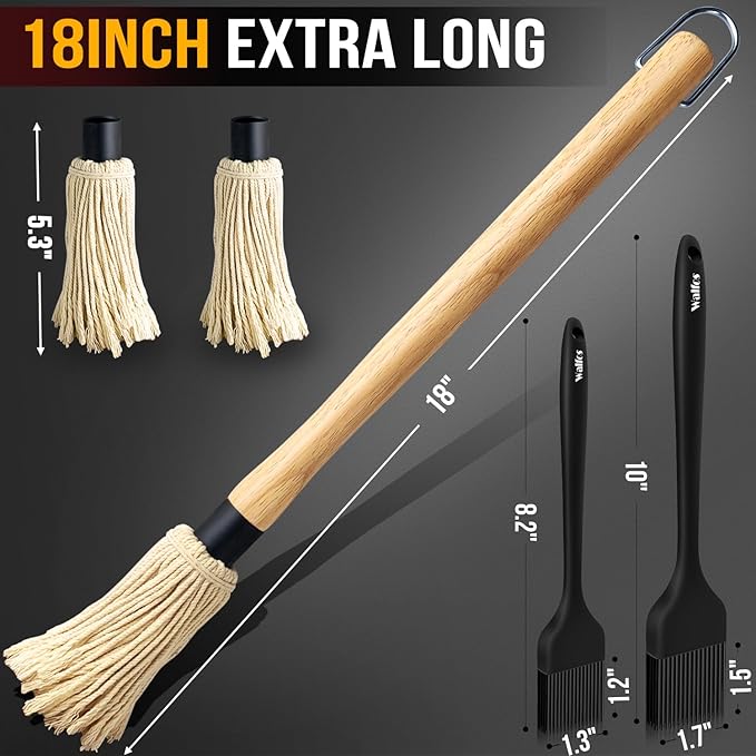 Walfos Basting Brush Silicone and BBQ Mop, Grill Basting Mop with 3 Heads and 2Pcs Pastry Brushes, Wooden Long Handle, Heat Resistant for Grilling, Smoking Steak, Kitchen Cooking (18"竊?,<div>