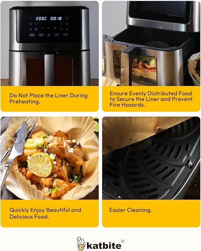 Katbite Air Fryer Liners Disposable - 8 inch Square Non-Stick Airfryer Paper Liners, Unbleached Parchment Paper for 5 to 8 Qt Basket, Frying, Baking, Cooking, Roasting, Easy Cleanup, 130pcs