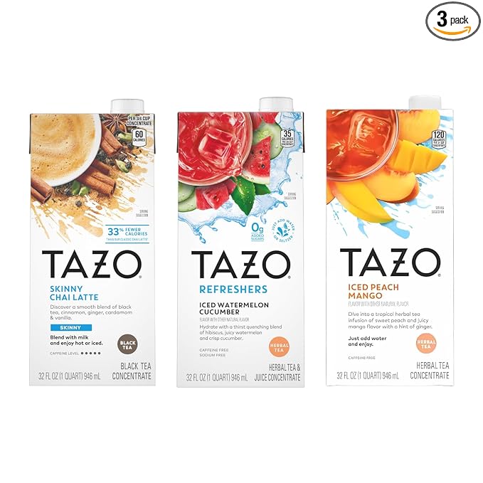 TAZO Tea Concentrate, Organic Skinny Chai Latte, Refreshers Iced Watermelon Cucumber, & Iced Peach Mango 32 Fl Oz (1ea) (Variety Pack)