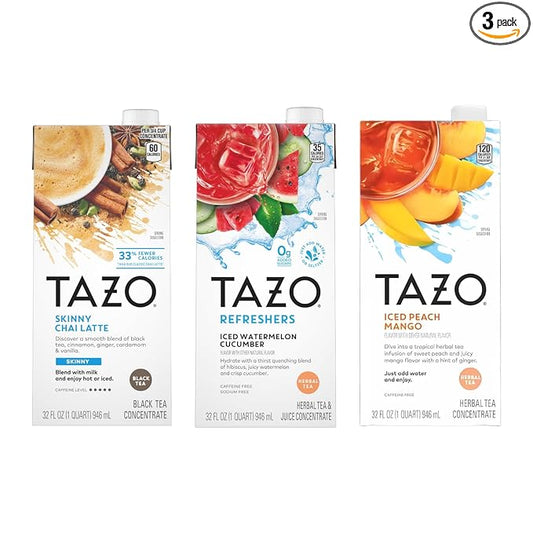 TAZO Tea Concentrate, Organic Skinny Chai Latte, Refreshers Iced Watermelon Cucumber, & Iced Peach Mango 32 Fl Oz (1ea) (Variety Pack)