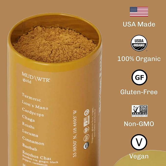 MUD\WTR Turmeric Decaf Mushroom Drink | Zero Caffeine | USDA Organic Mushroom Coffee Alternative | USA Grown | Focus & Immunity Support | Lion's Mane, Chaga, Reishi, Cordyceps | 30 Servings