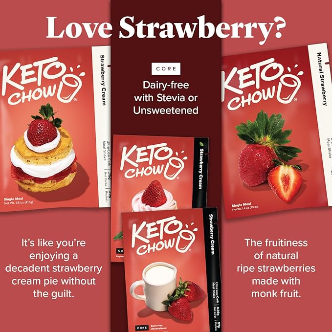 Keto Chow Natural Strawberry | Keto Meal Replacement Shake | Nutritionally Complete | Low Carb | Delicious Easy Meal Substitute | You Choose The Fat | 21 Meal Bulk Pack