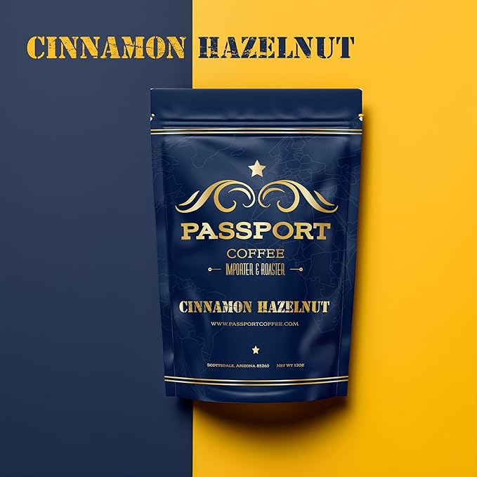 Passport Coffee Cinnamon Hazelnut ??Medium roast blend from Colombia & Central America. Sweet & nutty flavored with rich aroma. Premium whole bean coffee, 12oz Bag