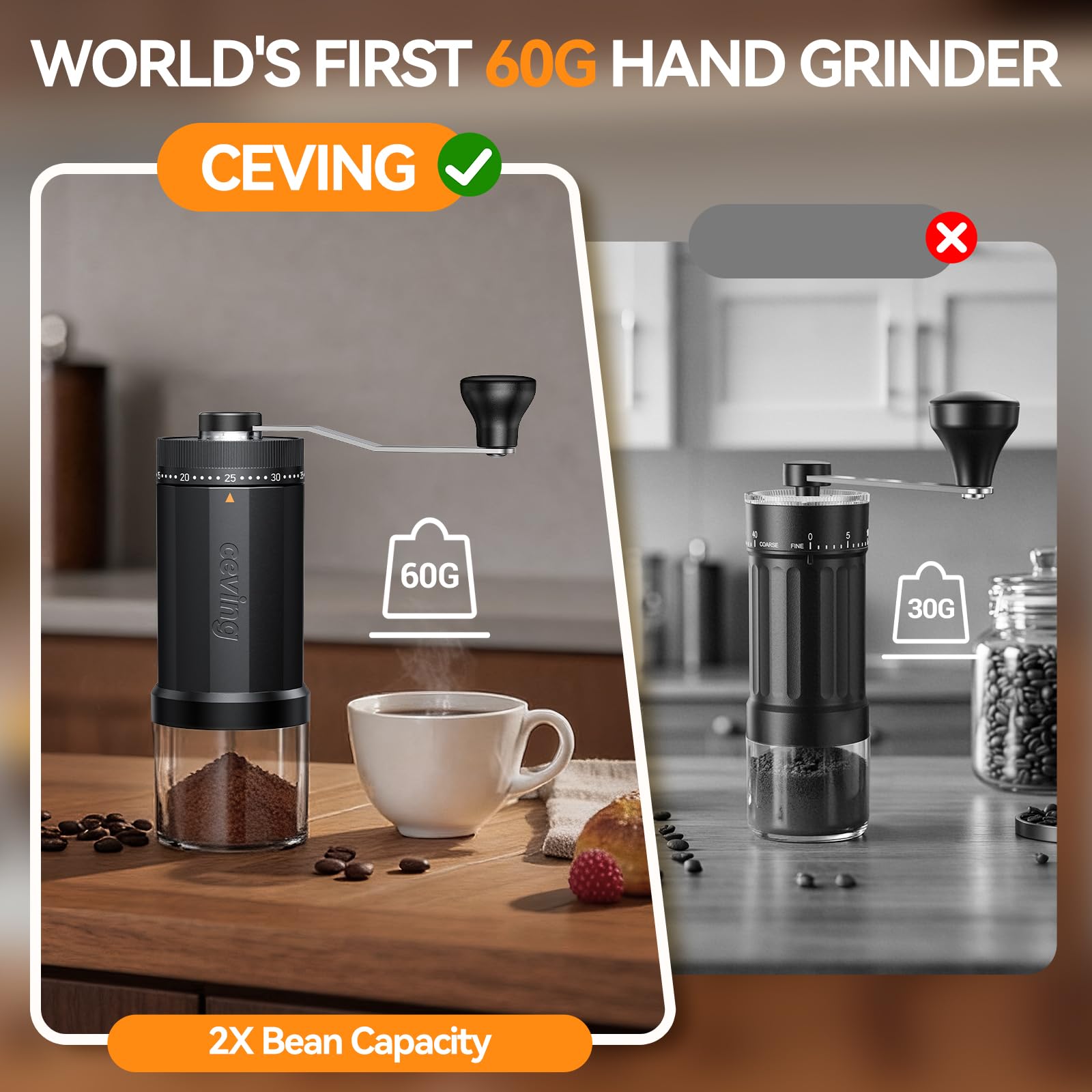 CEVING World's First 60g Large Capacity Manual Coffee Grinder, Black