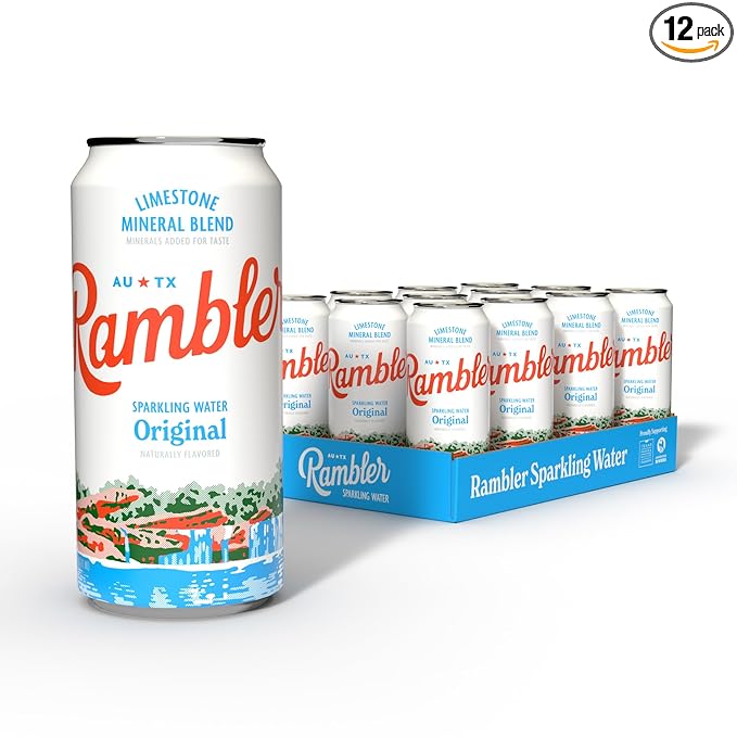 AUTX RAMBLER Sparkling Water, Texas Limestone Mineral Blend, Original Natural Flavor, 16-Ounce Tallboy Cans, 12-Pack