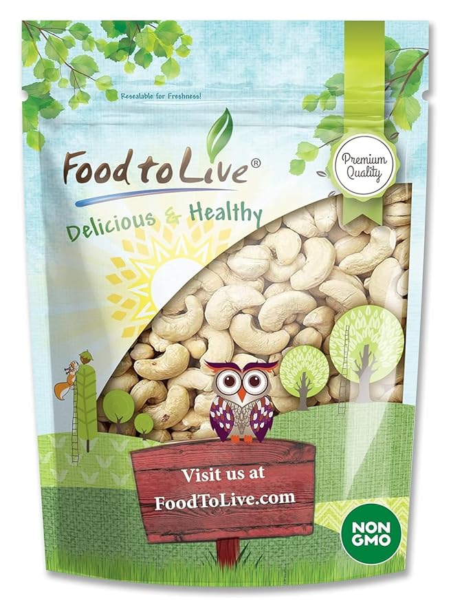 Food to Live Raw Cashews, 8 Ounces ??Deluxe Whole Nuts, Unsalted, Unroasted Fancy Snack, Size W-320, Kosher, Vegan, Bulk, A good source of Magnesium, Phosphorus, Manganese & Copper