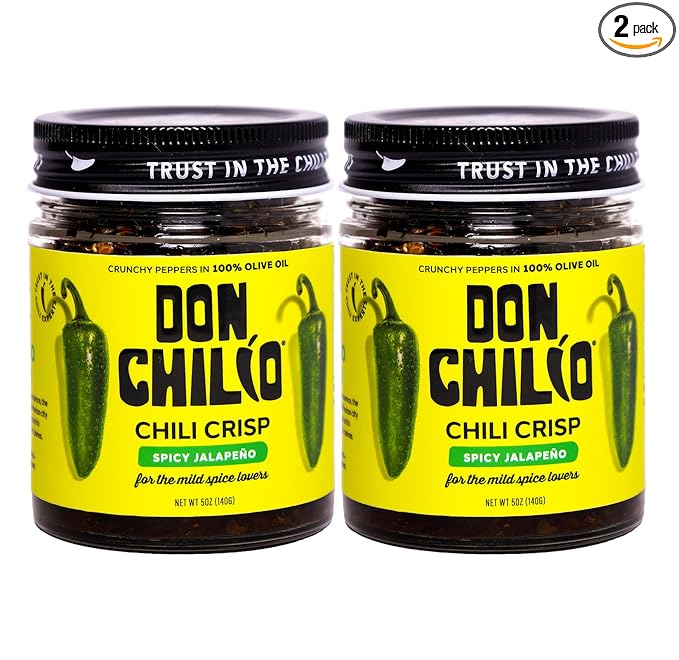 Don Chilio Mild Jalapeno Mexican Chile Crisp, 5 oz., 2 Pack – Crunchy Sliced Jalapenos Fried Chili Peppers in Hot Seasoned 100% Olive Oil – Keto-Friendly, Vegan, Gluten Free