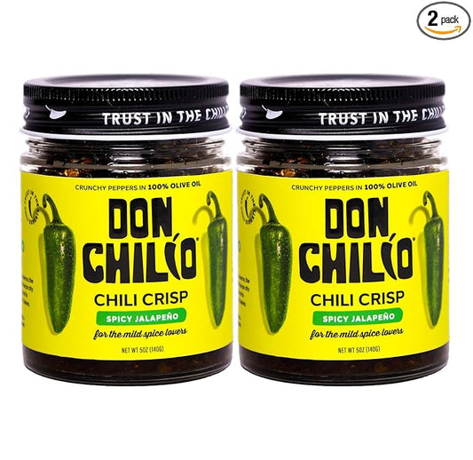 Don Chilio Mild Jalapeno Mexican Chile Crisp, 5 oz., 2 Pack – Crunchy Sliced Jalapenos Fried Chili Peppers in Hot Seasoned 100% Olive Oil – Keto-Friendly, Vegan, Gluten Free