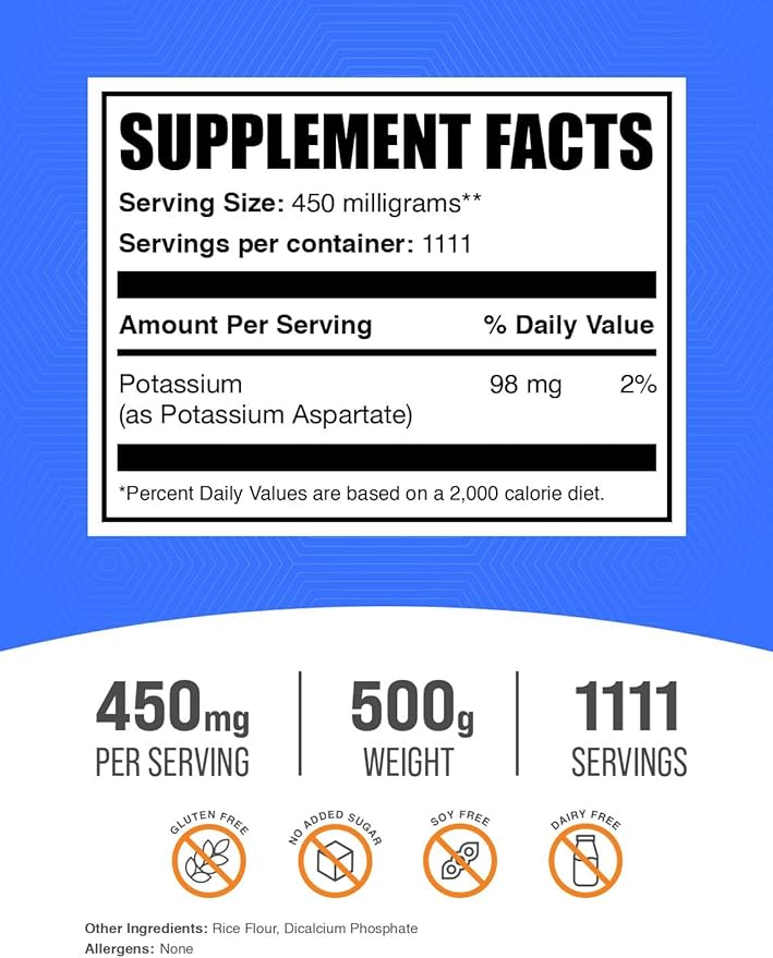 BulkSupplements.com Potassium Aspartate Powder - Mineral Supplement, for Hydration Support - Gluten Free, 450mg (98mg Potassium) per Serving, 500g (1.1 lbs) (Pack of 1)