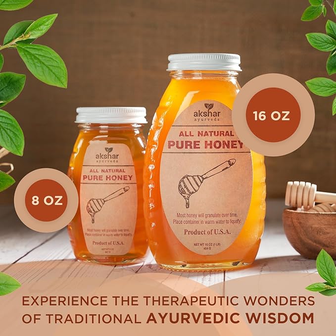 Akshar Ayurveda - 16 Oz Pure Honey (454 Grams) - All Natural USA Honey - Smooth & Easy to Pour, Stored in Glass Jar - Natural Superfood Ingredient for Cooking, Baking or Eating Raw