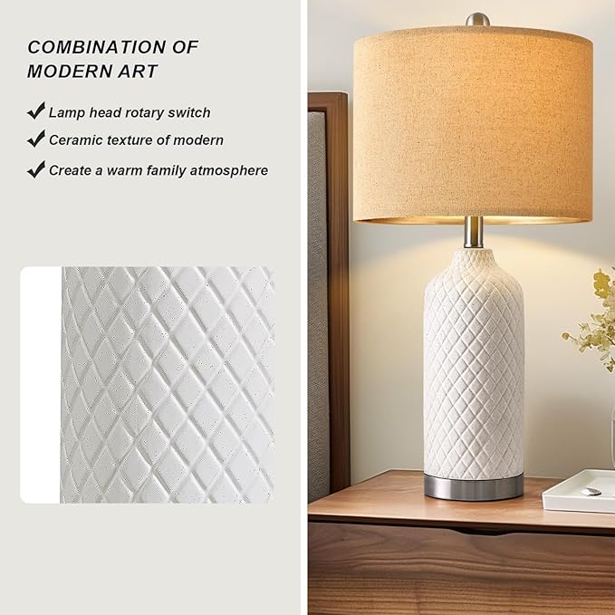 24.25" Single Table Lamp for Bedroom Modern Ceramic Nightstand Lamp White Bedside Lamp Boho Living Room Lamp Farmhouse Bedroom Lamp Side Table Lamp End
