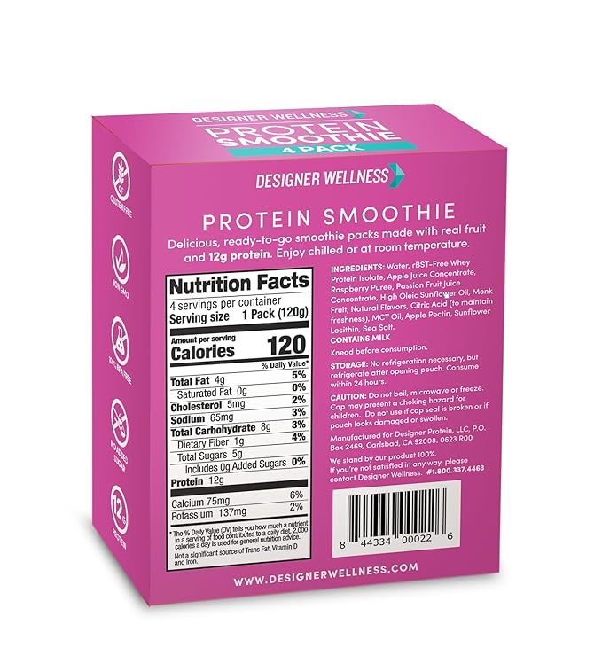 Designer Wellness Protein Smoothie, Real Fruit, 12g Protein, Low Carb, Zero Added Sugar, Gluten-Free, Non-GMO, No Artificial Colors or Flavors, Raspberry Passion Fruit, 24 Count