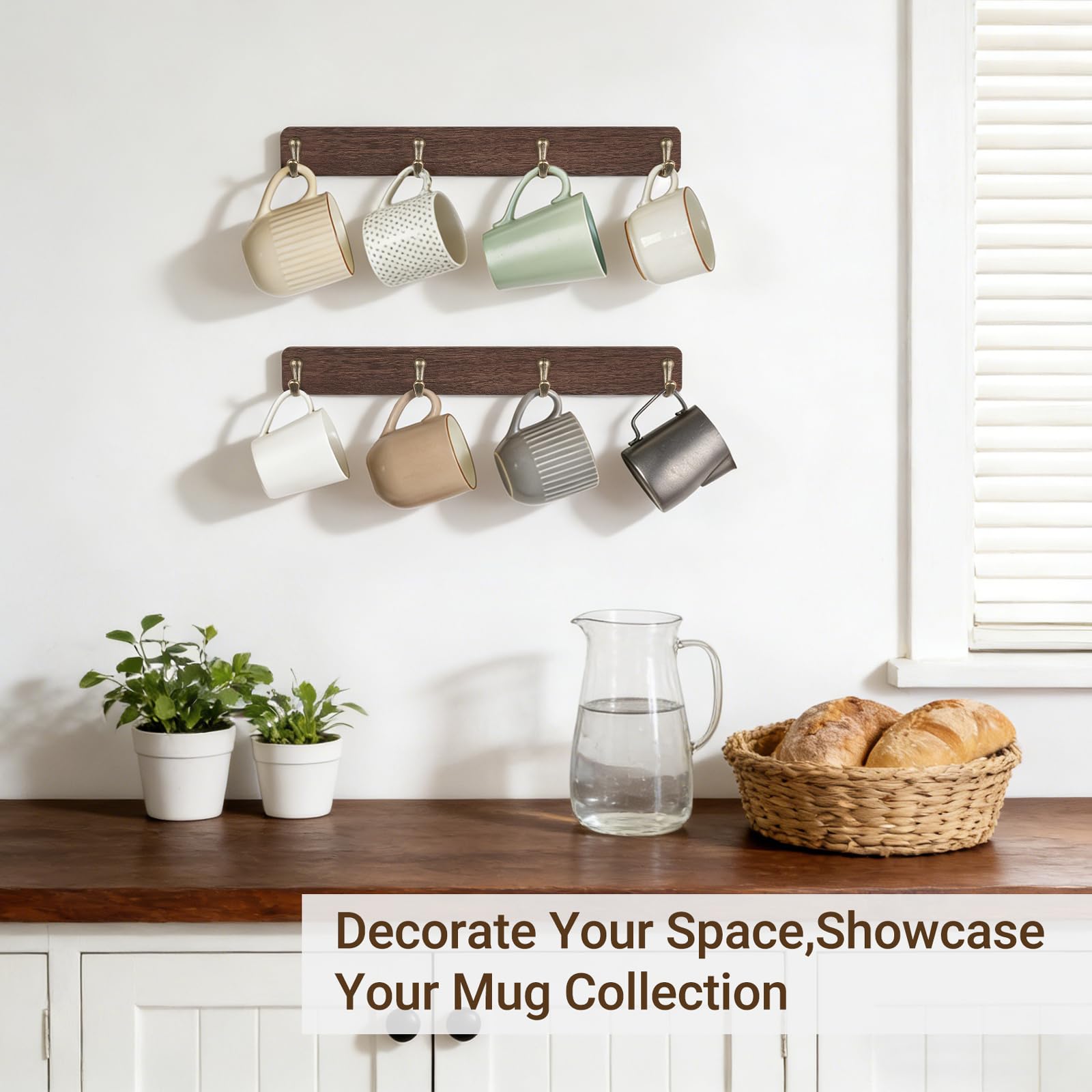 Mkono Wall Mug Holder, Wooden Coffee Cup Hanger Rack with 8 Hooks, Brown
