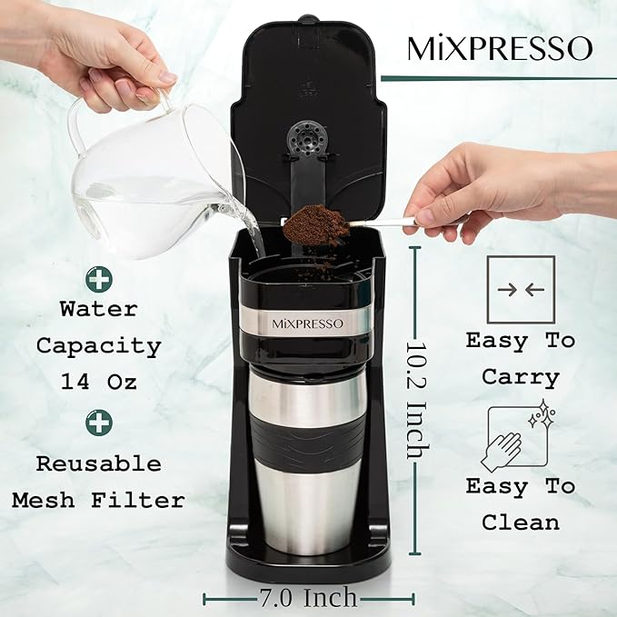 Mixpresso Black Personal Single Serve Coffee Maker with 14oz Travel Mug, Drip Small Coffee Maker with Auto Shut Off, Reusable Filter, Works with Ground Coffee Only ??Not for K-Cup Pods