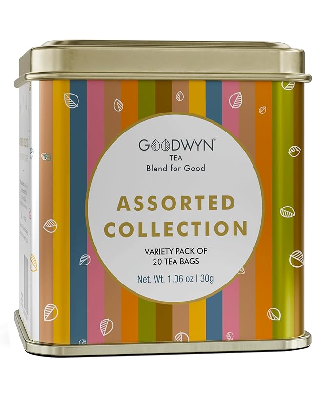 Goodwyn Assorted Herbal Tea Sampler Gift Set Box – 20 Tea Bags (Tulsi, Kahwa, Turmeric, Assam, Green, Lemon & More) | 10 Flavors x 2 Each |Premium Tea Collection in Reusable Tin| Individual bags