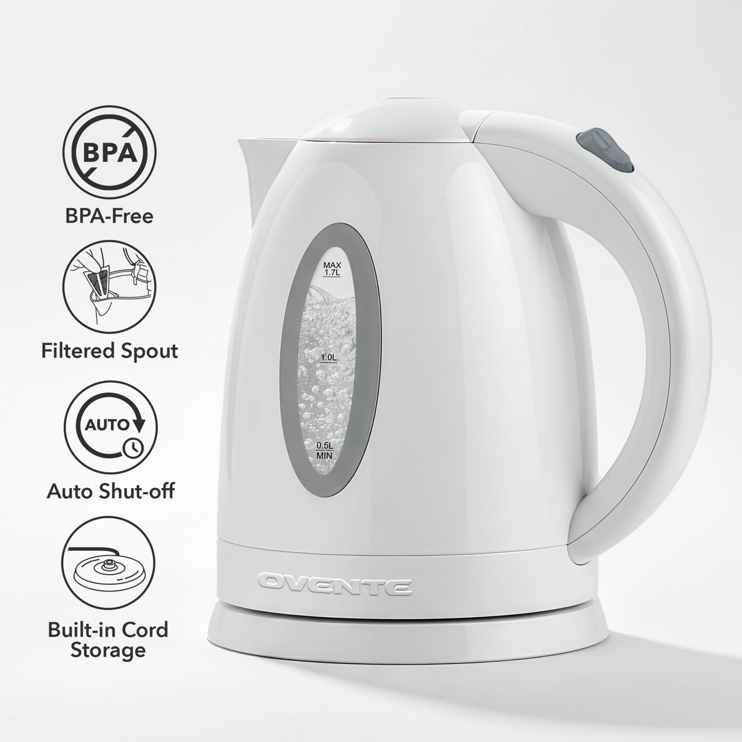 OVENTE 1.7L Electric Kettle with 1100W Fast Boiling Water, White KP72W