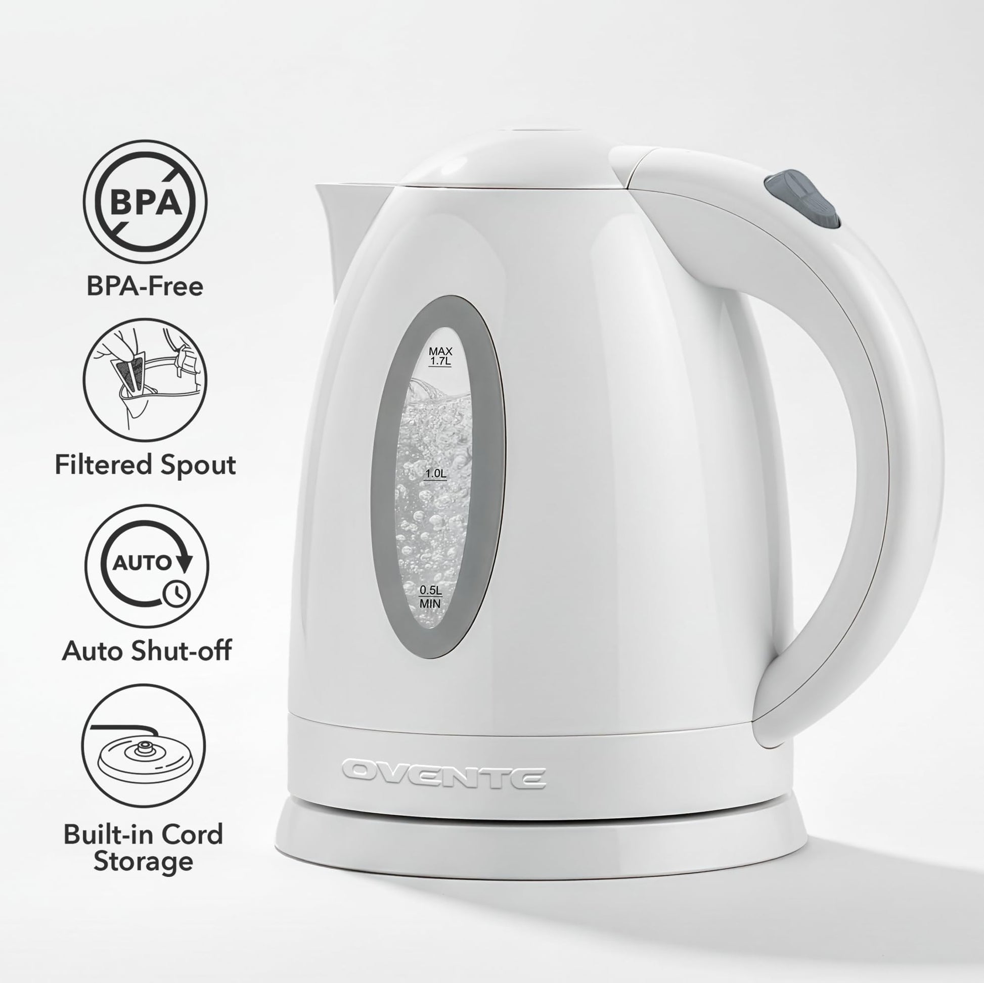 OVENTE 1.7L Electric Kettle with 1100W Fast Boiling Water, White KP72W