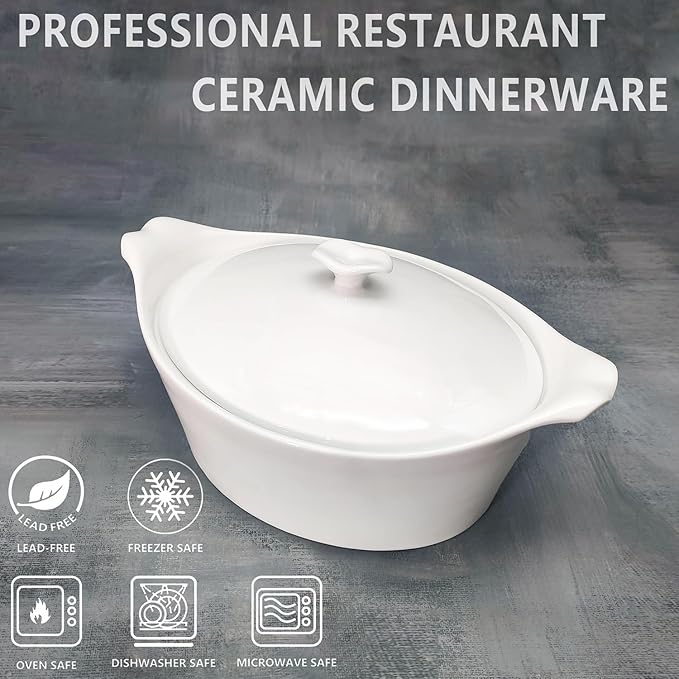 8.7" x 6.7" Ceramic Oval Casserole Dish with Lids,1.6 Qt White French Serving Soup Tureens, Baking Dish with Handle 11.3 IN, for Casseroles, Lasagna Cookware Set, Microwave, Oven Safe