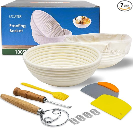 Sourdough Proofing Basket Kit: 2-Pack Banneton - Round Natural Rattan Bread Basket with Linen Liner - Reusable & Dishwasher Safe Sourdough Baking Tools for Beginner Bakers