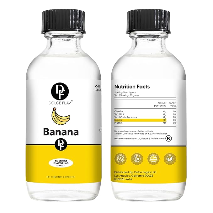 Dolce Flav Banana Extract ??2 Ounce Oil-Soluble Kosher, Sugar-Free, Concentrated Ripe Banana Flavoring for Baking, Smoothies & Ice Cream, Includes Measured Dropper