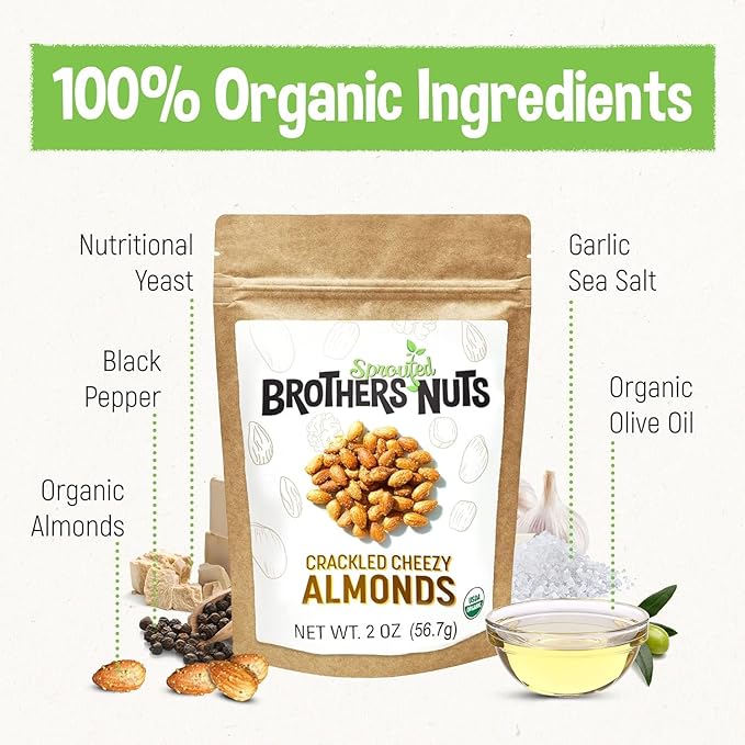 Brothers Nuts Crackled Cheezy Almonds – Organic, Sprouted Almonds – Healthy Keto Snack – Vegan, Gluten-Free, Kosher – No Preservatives - 6 oz