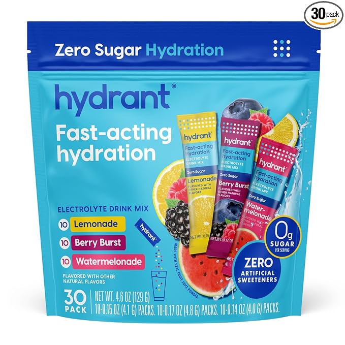 Hydrant Hydrate Zero Sugar, Individual Hydration Electrolyte Powder Stick Packets with Zero Sugar and Electrolytes for Rapid Hydration (Variety Pack, 30 Count)