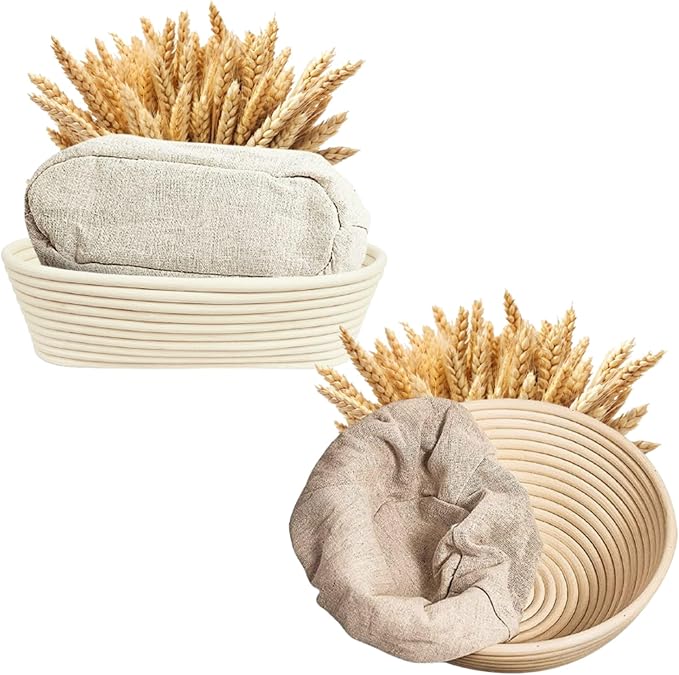 Banneton Bread Proofing Basket 9??Round & 10" Oval with Linen Liners ??Sourdough Bread Baking Supplies Kit | Natural Rattan Sourdough Proofing Basket, Bread Making Tools, Sourdough Banneton Basket