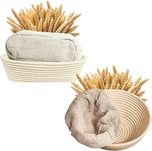Banneton Bread Proofing Basket 9??Round & 10" Oval with Linen Liners ??Sourdough Bread Baking Supplies Kit | Natural Rattan Sourdough Proofing Basket, Bread Making Tools, Sourdough Banneton Basket