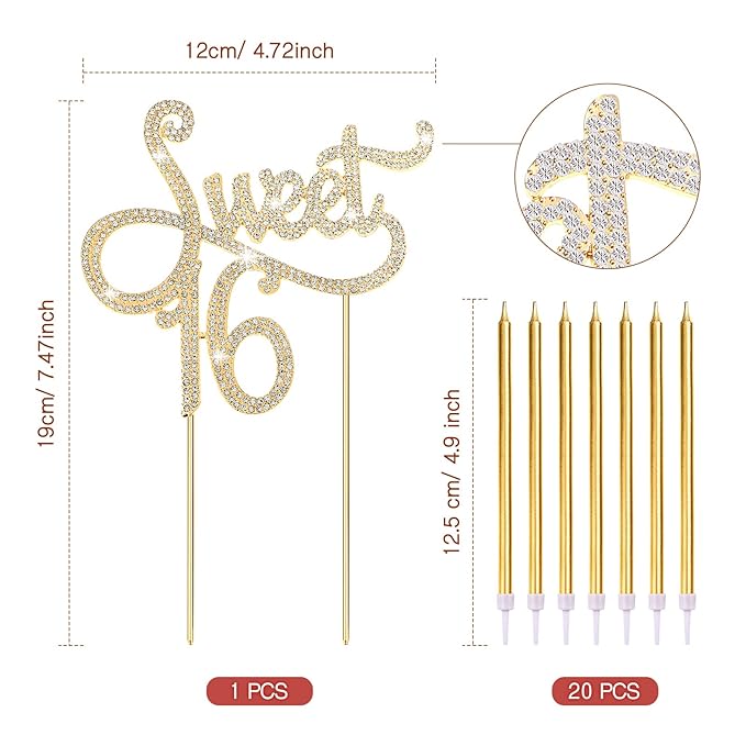 Tondiamo Sweet 16 Birthday Decorations Rhinestone Sweet 16 Cake Toppers 20 Pcs Metallic Happy Birthday Candles 16 Cake Decorations for Cupcake Decor(Gold White)