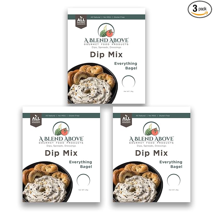 A Blend Above Everything Bagel Dip Mix, 3 Packs, 1 oz. Each, Makes 16 Ounces, Gluten-Free, No MSG, All Natural, No Preservatives, Vegan Friendly, Keto Friendly, Vegetable Dip, Chip Dip, Low Carb, Easy to Make