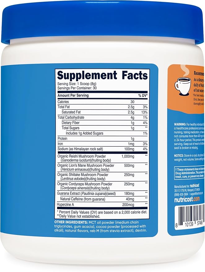 Nutricost Nutrizen AM Focus Adaptogenic Mushroom Drink (Hot Cocoa Flavored) 30 Servings - Includes Reishi, Lion's Mane, Shiitake, Cordyceps