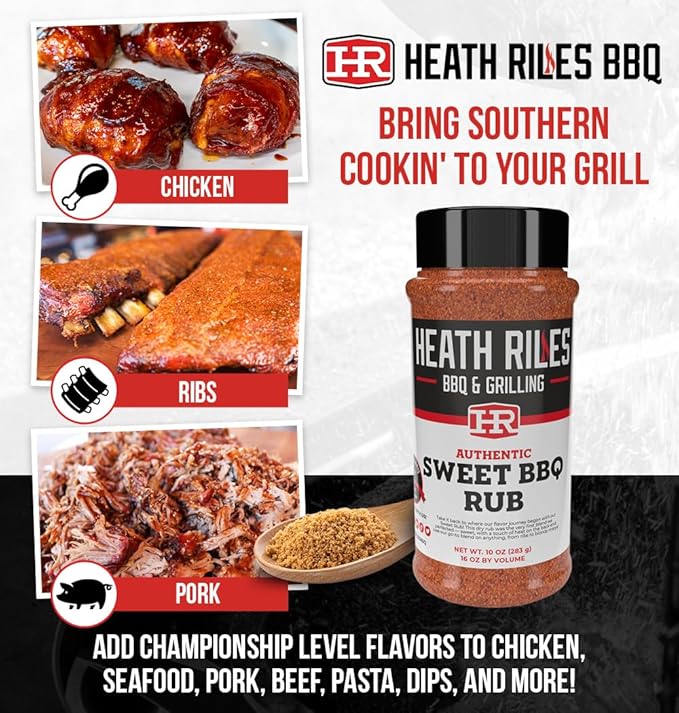 Heath Riles BBQ Rub - Sweet Seasoning, Champion Pitmaster Recipe, Legendary Rubs For Smoking & Grilling, 70+ BBQ Championships, 10 oz.