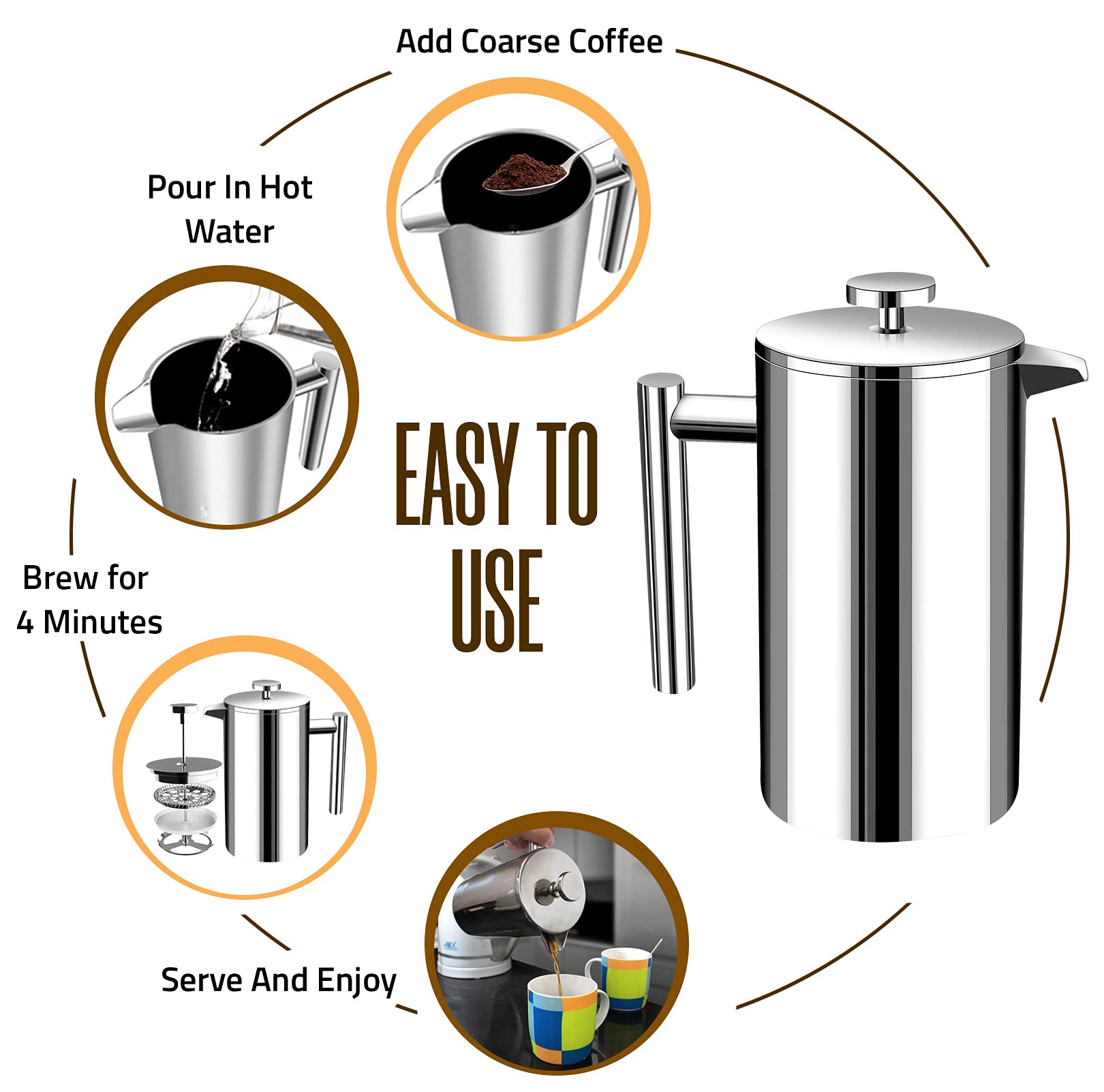 Utopia Kitchen 304 Grade Stainless Steel French Press 34 Oz, Silver