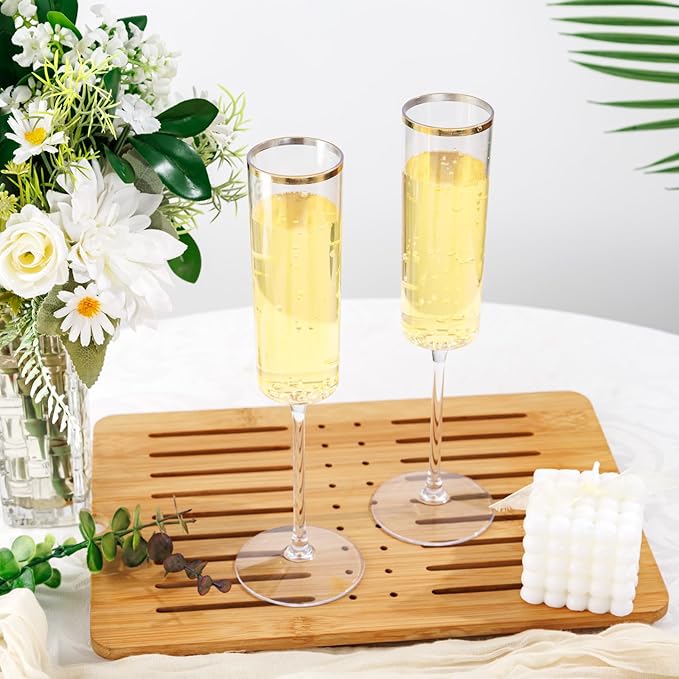 Ciaell 24 Pack Plastic Champagne Flutes - 6Oz Gold Rim Disposable Champagne Glasses - Square Clear Plastic Toasting Glasses for Party Birthday Anniversary Wedding Thanksgiving