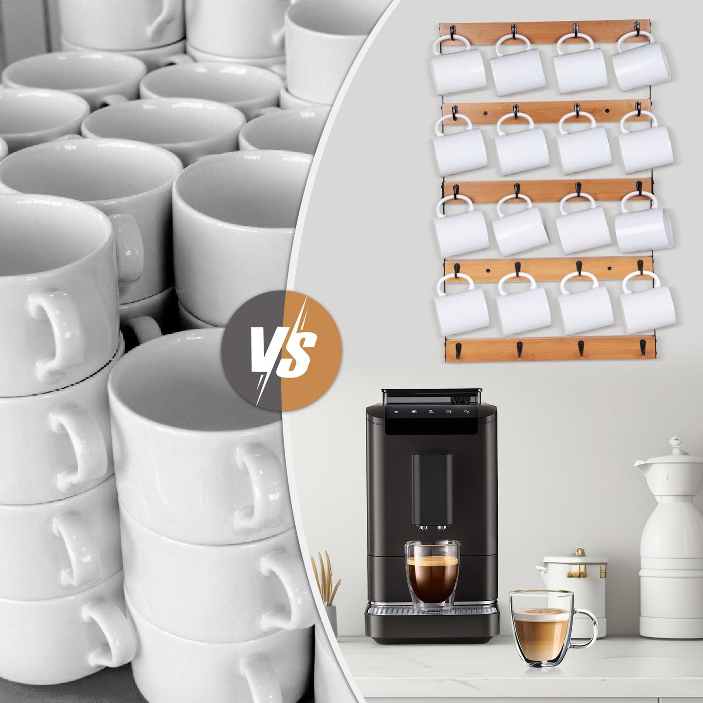 Aomomery Wall Mounted Coffee Mug Holder, Large 5 Tier Shelf with 20 Hooks for Cups, Rustic Wooden
