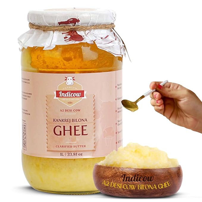 Indicow A2 Desi Kankrej Cow Ghee | Clarified Butter | Grass Fed, Pasture Raised Clarified Butter Fat, Keto, Paleo, Lactose Free, Casein Free, Non-GMO | a2 ghee grass fed(1000ML(33.8oz), A2 Cow Ghee) | Price Revision soon