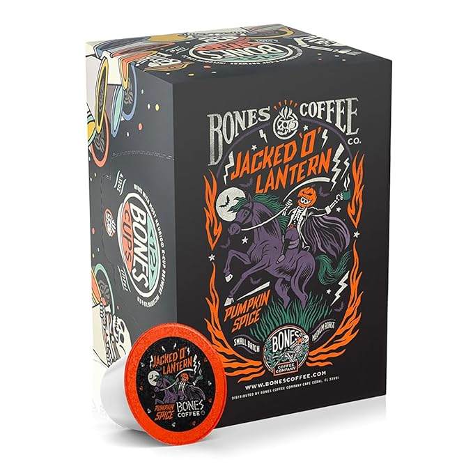 Bones Coffee Company Jacked 'O' Lantern, Pumpkin Spice Flavored Coffee Pods, Low Acid Medium Roast Single-Serve Bones Cups, Compatible with 1.0 & 2.0 K-Cups Brewers Coffee Maker, 12 Count