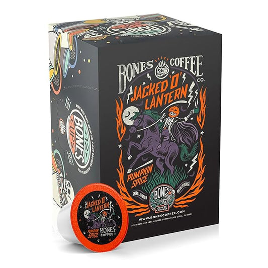 Bones Coffee Company Jacked 'O' Lantern, Pumpkin Spice Flavored Coffee Pods, Low Acid Medium Roast Single-Serve Bones Cups, Compatible with 1.0 & 2.0 K-Cups Brewers Coffee Maker, 12 Count